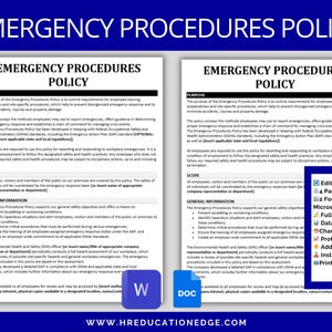 Emergency Procedures Policy: Workplace Safety Policies Employee Training OSHA Compliance, Management Reporting HR Templates, Human Resources