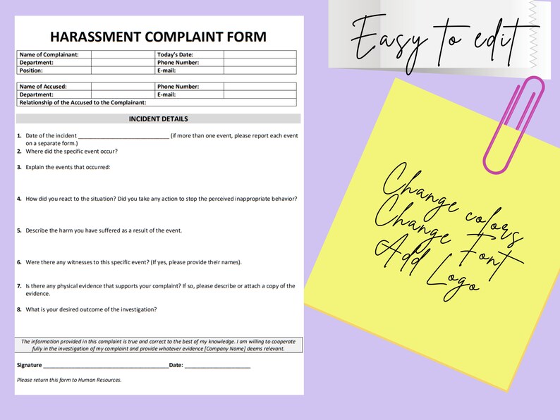 Harassment Complaint Form MS Editable Word Template Etsy