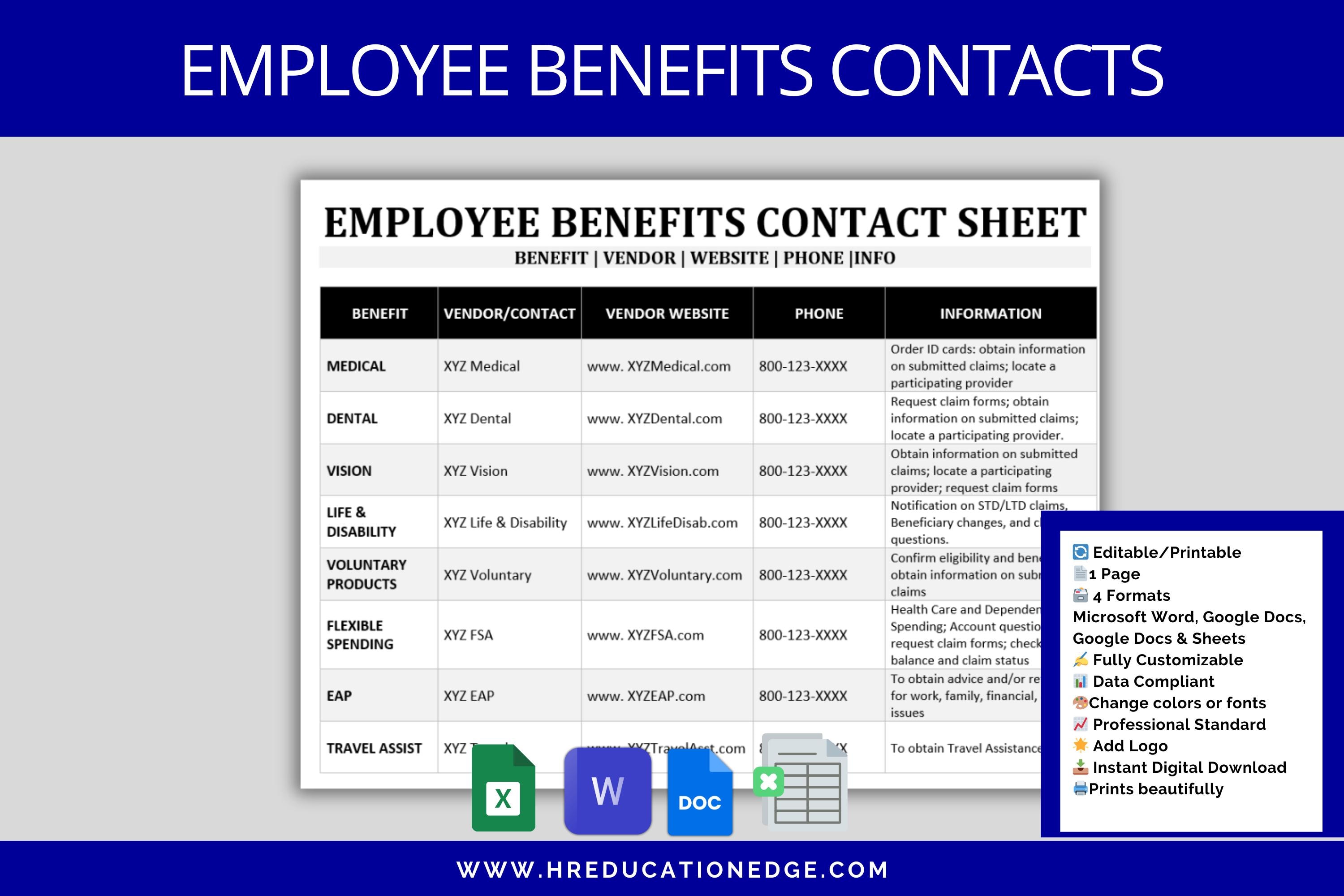 Employee Benefits Contact Sheet: HR Template (Digital Download)