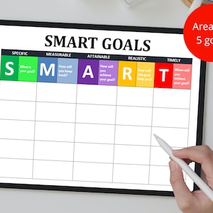 May include: A white tablet with a black frame displaying a SMART goals chart. The chart is divided into six columns labeled: Specific, Measurable, Attainable, Realistic, Timely, and SMART. Each column has a question related to the goal-setting acronym. The chart has five rows for goal entries. The tablet is on a white surface with a white stylus next to it.