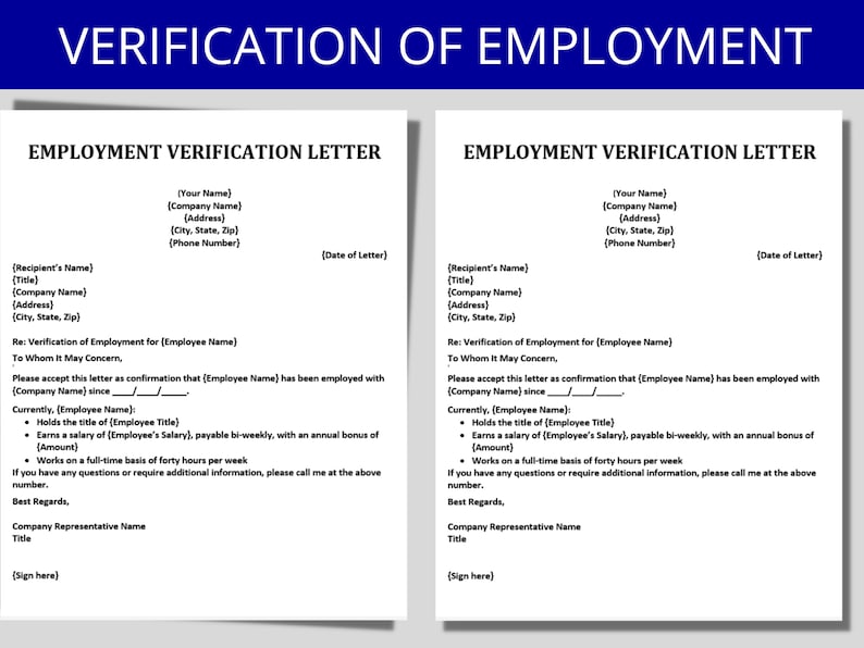 May include: A black and white printable template for a verification of employment letter. The template includes fields for the recipient's name, title, company name, address, city, state, postcode, your name, company name, address, city, state, postcode, phone number, date of letter, employee name, employee title, employee's salary, and amount.