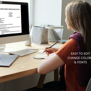 May include: A woman sits at a desk in front of a computer screen displaying an "Employment Verification Letter" document. The text "EASY TO EDIT CHANGE COLORS & FONTS" is visible in the bottom right corner of the image.