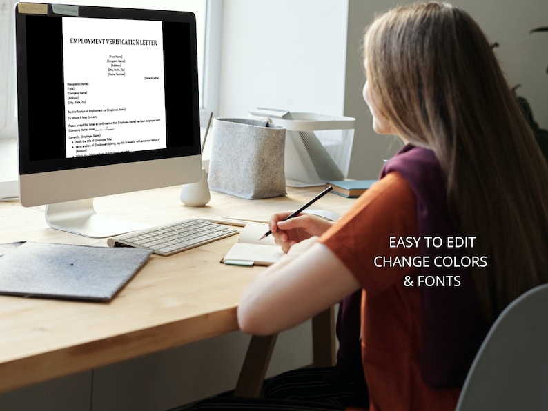 May include: A woman sits at a desk in front of a computer screen displaying an "Employment Verification Letter" document. The text "EASY TO EDIT CHANGE COLORS & FONTS" is visible in the bottom right corner of the image.