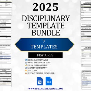Könnte beinhalten: Ein digitales Download-Paket mit 7 druckbaren Disziplinarvorlagen für 2025. Die Vorlagen sind editierbar und anpassbar, rechtlich konform und bieten die Möglichkeit, ein Logo hinzuzufügen. Das Paket ist in den Formaten Word und Google Docs verfügbar.