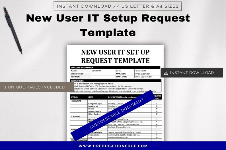 New User IT Setup Request Template: HR Onboarding (digital Download ...
