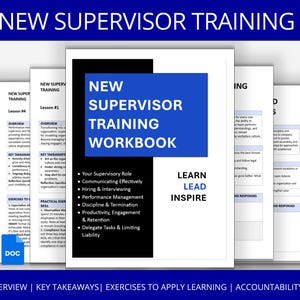 Könnte beinhalten: Eine Reihe von Schulungsarbeitsbüchern mit dem Titel "New Supervisor Training Workbook". Das Cover ist weiß mit einem blauen Banner und schwarzem Text. Das Arbeitsbuch behandelt Themen wie Kommunikation und Management.