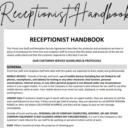 Receptionist Handbook Template Word Editable Template Etsy