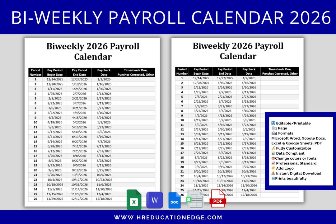 Biweekly Payroll Calendar 2026 MS Editable Word, Excel Pay Period
