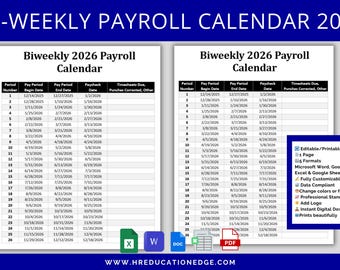 Modelo de calendário de folha de pagamento quinzenal de 2026: editável em MS Word e Excel, Google Docs e Planilhas.