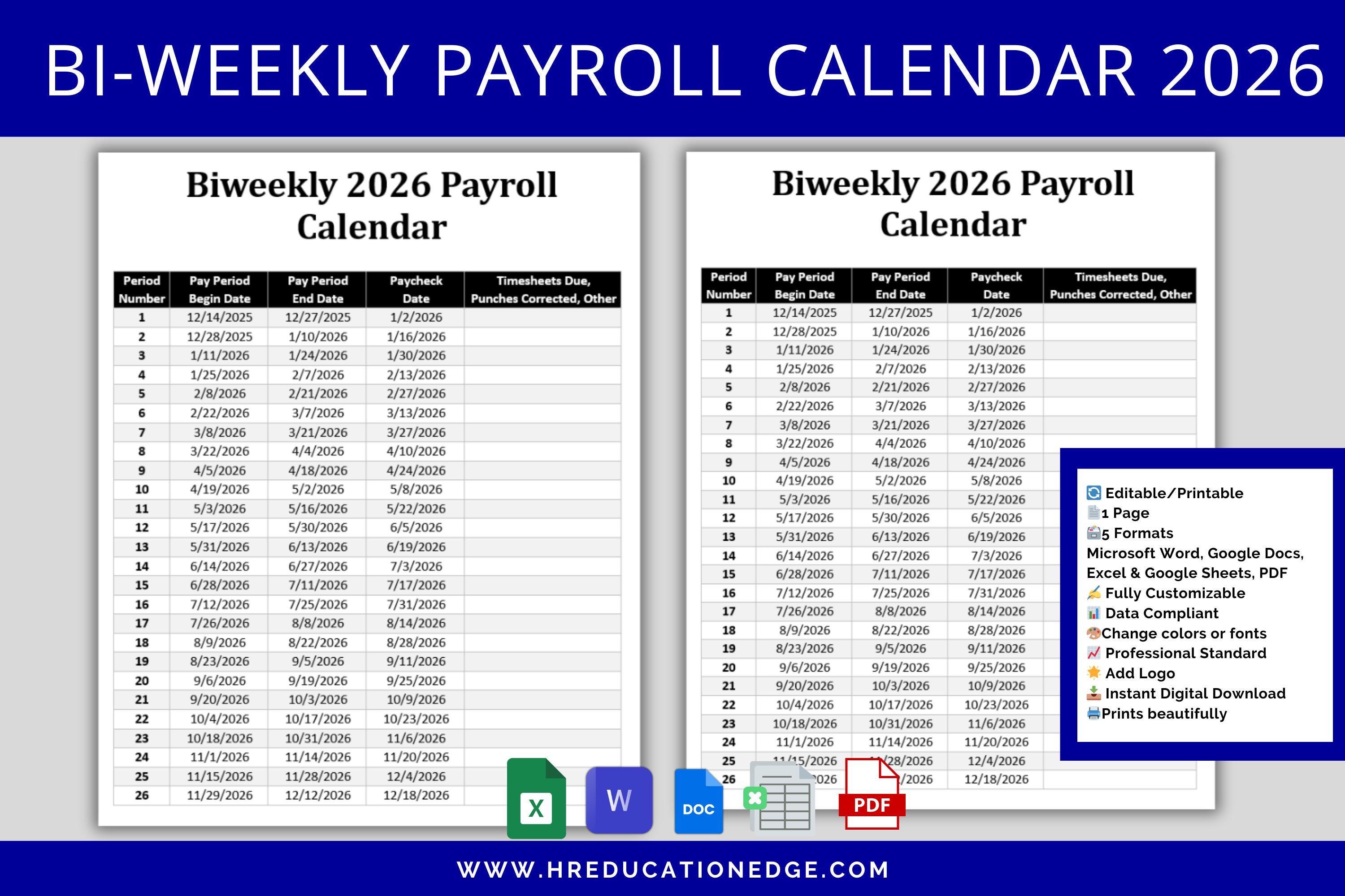 Biweekly Payroll Calendar 2026 MS Editable Word, Excel Pay Period