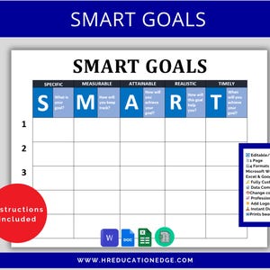 May include: A white printable SMART Goals chart with blue and black text. The chart is divided into sections labeled Specific, Measurable, Attainable, Realistic, and Timely. A red circle with "Instructions included" is in the lower left.