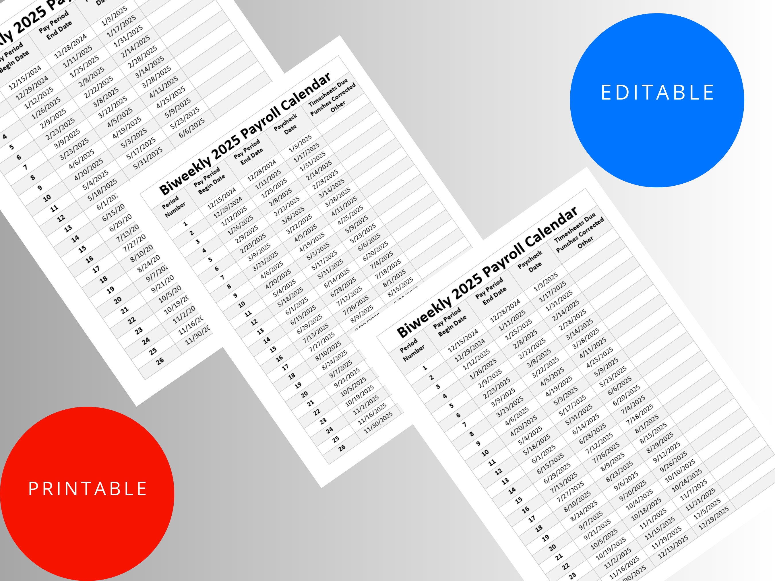 Biweekly Payroll Calendar 2025 MS Editable Word Pay Period Start & End
