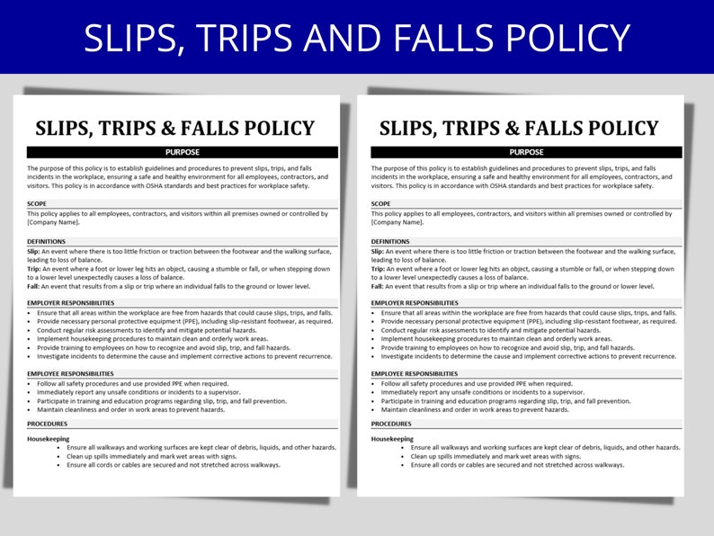 Slips, Trips, and Falls Policy Template Workplace Safety, OSHA