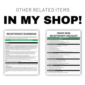 May include: Image featuring a receptionist handbook and checklist. The handbook includes text about customer service guidelines and protocols. The checklist outlines daily action items. The text "IN MY SHOP!" is displayed at the top.