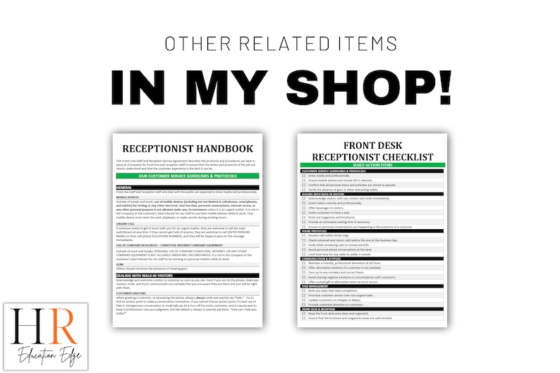 May include: Image featuring a receptionist handbook and checklist. The handbook includes text about customer service guidelines and protocols. The checklist outlines daily action items. The text "IN MY SHOP!" is displayed at the top.