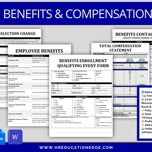 May include: A set of five printable forms for employee benefits and compensation. The forms include a 401(k) election change, employee benefits, benefits enrolment qualifying event form, benefits contact sheet, and total compensation statement. The forms are editable and customisable, and they are available in Microsoft Word, Google Docs, Excel, and Sheets. The forms are data compliant and print beautifully.