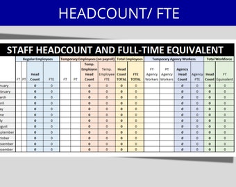 Headcount/FTE | MS Excel Template | Employee Headcount Spreadsheet | Headcount Tracker | Human Resources Spreadsheet | Human Resources