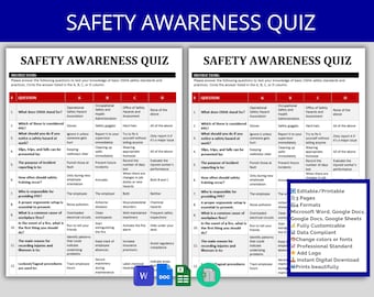 May include: A printable safety awareness quiz with multiple-choice questions and answer options. The quiz is designed to test knowledge of basic OSHA safety standards and practices. The document is fully customizable and available in multiple formats.