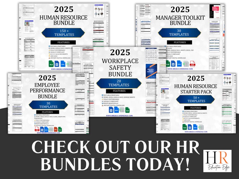 May include: Four colourful posters with the text "2025" and titles "Human Resource Bundle", "Employee Performance Bundle", "Workplace Safety Bundle", and "Manager Toolkit Bundle". Each poster features a list of features and a website address.