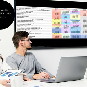 May include: A group of people are gathered around a large screen displaying a spreadsheet with a list of action items, due dates, and owners. The spreadsheet is color-coded to indicate the status of each item. The text on the screen reads "Review action items with task owners".