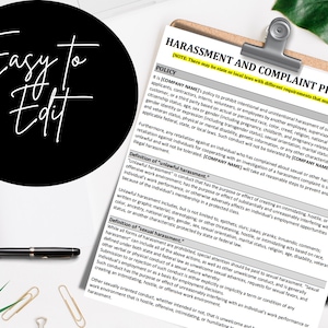 May include: A document with the title "Harassment and Complaint Procedure" on a clipboard. The document outlines a company's policy to prohibit harassment and outlines the definition of unlawful harassment and sexual harassment.