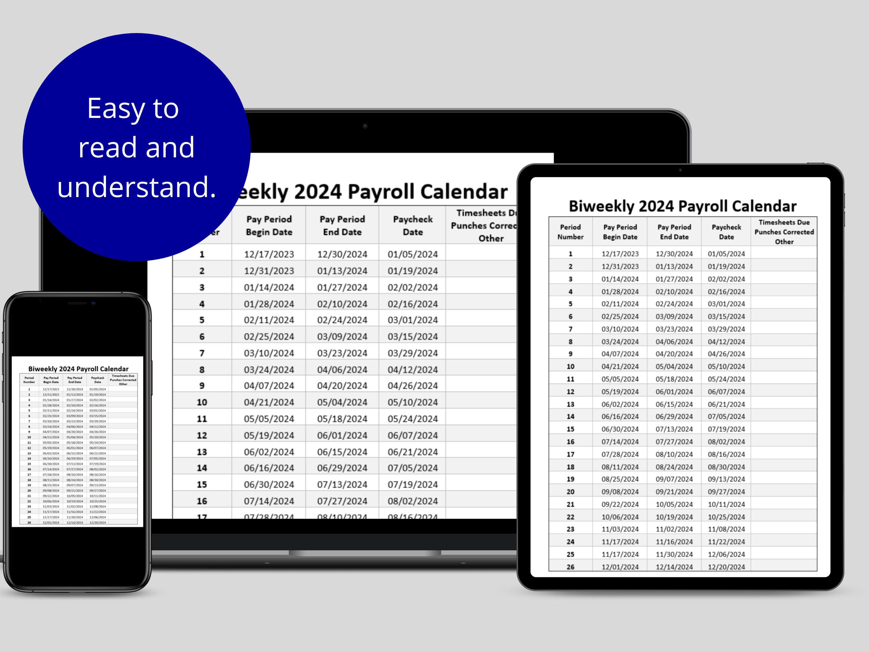 Biweekly Payroll Calendar 2024 MS Editable Word Pay Period Start & End