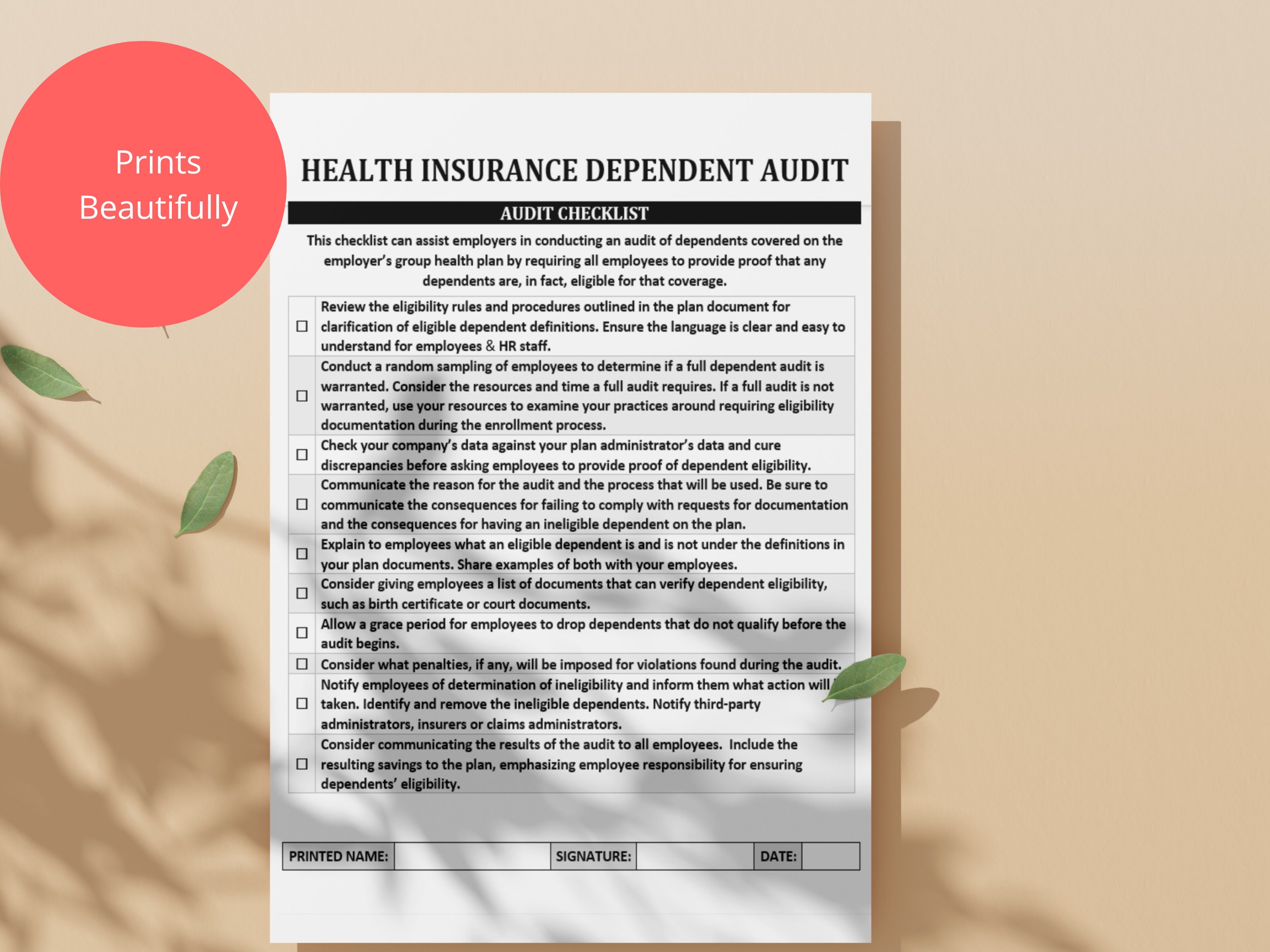 Health Insurance Dependent Audit Checklist: HR Template (digital ...