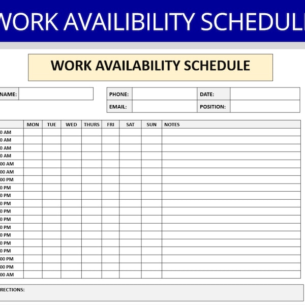 Employee Availability Form: Weekly & Hourly Schedule Template | Work Availability Sheet