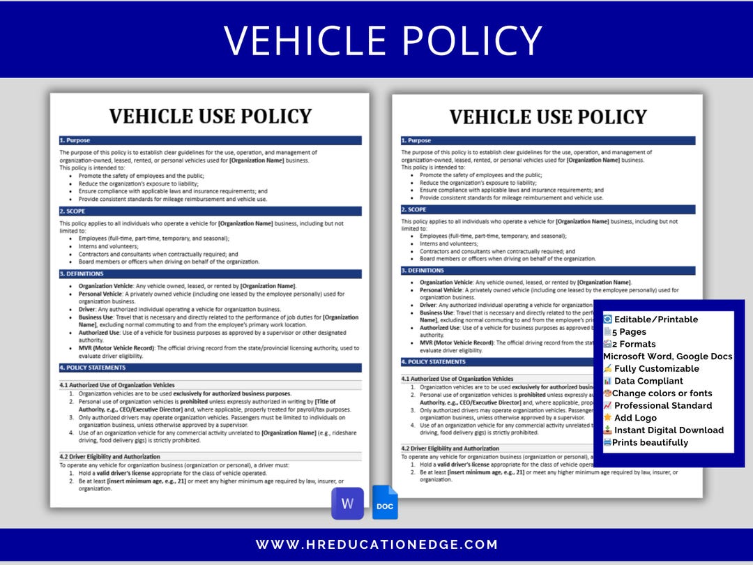 Auto Vehicle Use Policy Template | Company Car | Employee Agreement ...