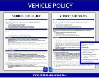 May include: A digital document titled "Vehicle Use Policy" with a blue header. The document includes sections on purpose, scope, and policy statements. A smaller blue box highlights features like editability, multiple formats, and instant download.