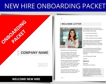 May include: A red and white welcome packet for new hires. The packet includes a welcome letter, a first day schedule, helpful information, and a new hire paperwork checklist. The text on the cover reads "New Hire Onboarding Packet" and "Welcome New Hire".