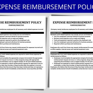 May include: Black and white text on a white background outlining an expense reimbursement policy for employees. The text includes information about covered expenses and procedures for submitting reimbursement requests.