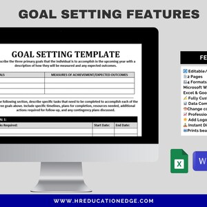 May include: A computer screen displaying a goal setting template with a table for listing goals, measures of achievement, tasks required, start date, and end date. The template is editable and printable in multiple formats, including Microsoft Word, Google Docs, Excel, and Google Sheets. The template is fully customizable, data compliant, and includes features like changing colors or fonts, adding a logo, and instant digital download. The template is designed to help individuals set and track their goals.