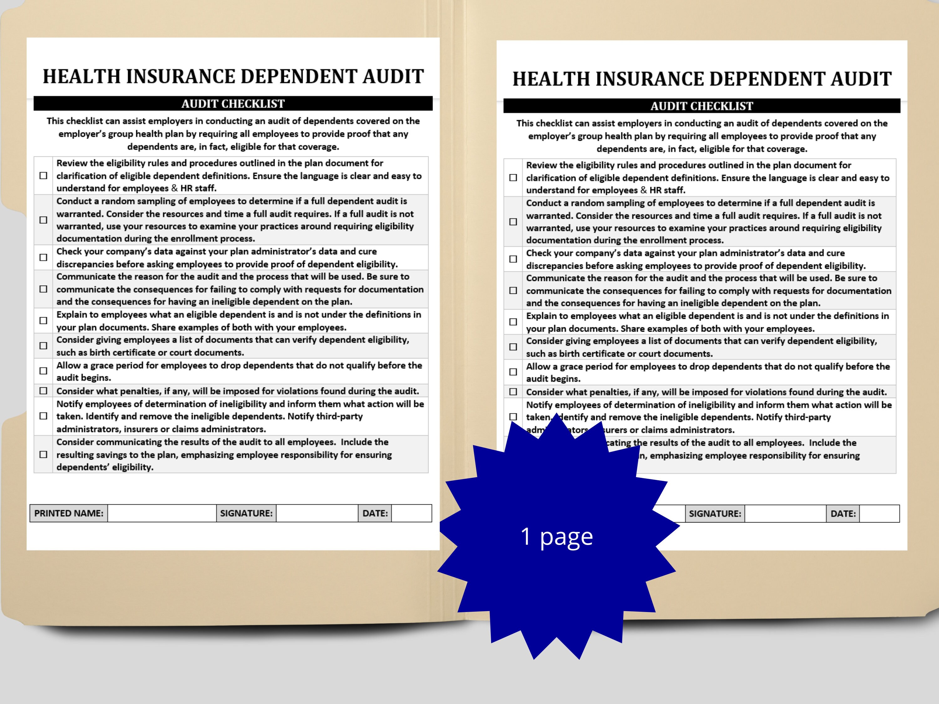 Health Insurance Dependent Audit Checklist Employee Benefits Etsy