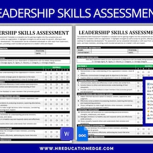 May include: A printable leadership skills assessment template in a green, white and blue colour scheme. The template includes sections for vision and strategy, communication skills, decision making and problem solving, emotional intelligence, team building and development, adaptability and innovation, and a rating scale. The document is editable and printable in Microsoft Word and Google Docs.