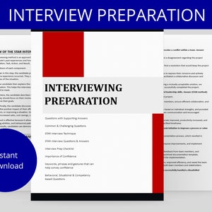 Könnte beinhalten: Ein blaues und rotes Dokument mit dem Titel "Interviewvorbereitung" und dem Text "Überblick über das STAR-Interview" und "Interviewvorbereitung". Das Dokument enthält eine Liste mit Fragen und Antworten, um Sie auf ein Vorstellungsgespräch vorzubereiten.