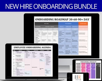 Op de afbeelding: Een digitale marketingbundel voor nieuwe medewerkers, met een roadmap voor de eerste 90+ dagen, een onboarding-agenda en een checklist. De roadmap bevat secties voor welkom, prestaties en vooruitgang. De agenda is een wekelijkse kalender met taken voor elke dag. De checklist is een tabel met vinkjes voor verschillende onboardingtaken.