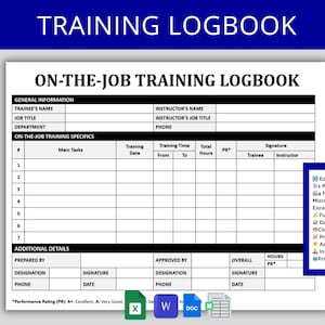 Puede incluir: Una plantilla de registro de capacitación en el trabajo imprimible en blanco y negro con el título "On-the-Job Training Logbook". La plantilla incluye secciones para información general, detalles específicos de la capacitación en el trabajo y detalles adicionales. Es totalmente personalizable y cumple con los datos.