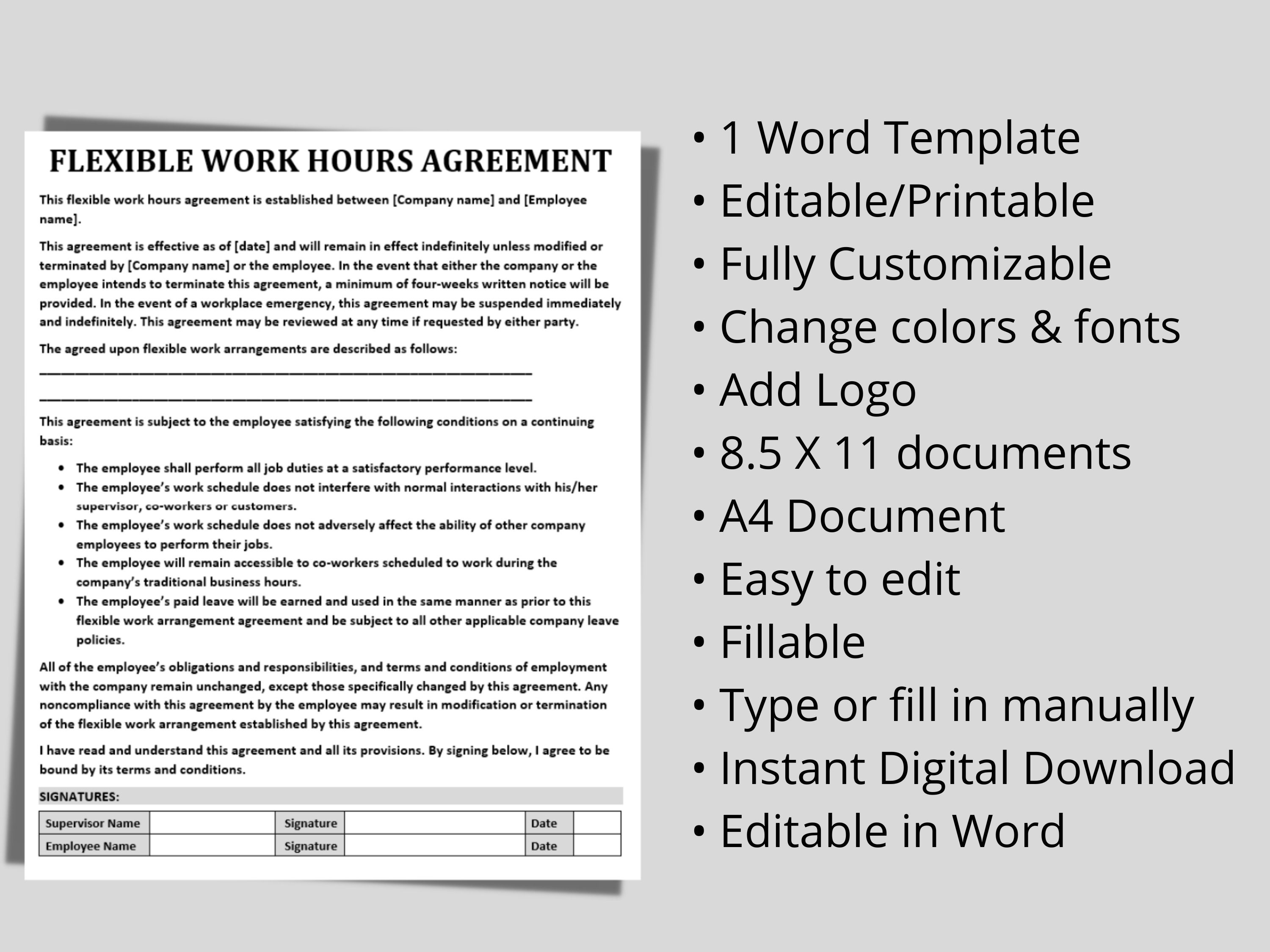 Comprehensive Flexible Work Hours Agreement: Customizable Plans ...