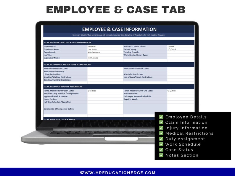 Duty Assignment Note Modified Duty Tracker Excel Template | HR Return to Work Spreadsheet ...