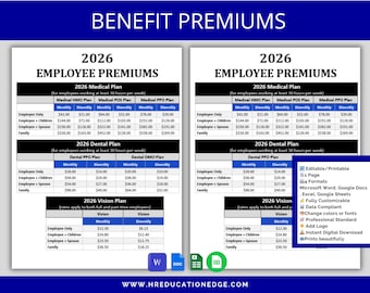 Employee Benefits Premiums Chart: Payroll Deductions, HR Open Enrollment, Health Insurance (Word, Excel, Docs)