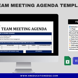 May include: A blue and white computer screen displaying a team meeting agenda template. The template includes sections for welcome and opening remarks, action item discussion, team updates, and attendees. The template is editable and printable in four formats: Microsoft Word, Google Docs, Excel, and Google Sheets. The template is fully customisable and data compliant. The template also includes features such as the ability to change colours and fonts, add a logo, and download instantly. The template is designed to print beautifully.