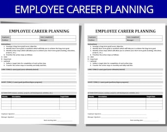 Può includere: Un foglio di lavoro di pianificazione di carriera stampabile in bianco e nero con sezioni per informazioni sui dipendenti, obiettivi a lungo termine, obiettivi a breve termine, passaggi d'azione e date obiettivo.
