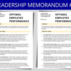 May include: Two identical documents titled "Leadership Memorandum #1" with the text "Optimal Employee Performance." Each document lists checklist items for managers, including ensuring role clarity, setting clear expectations, and promoting open communication. The documents are on a white background.