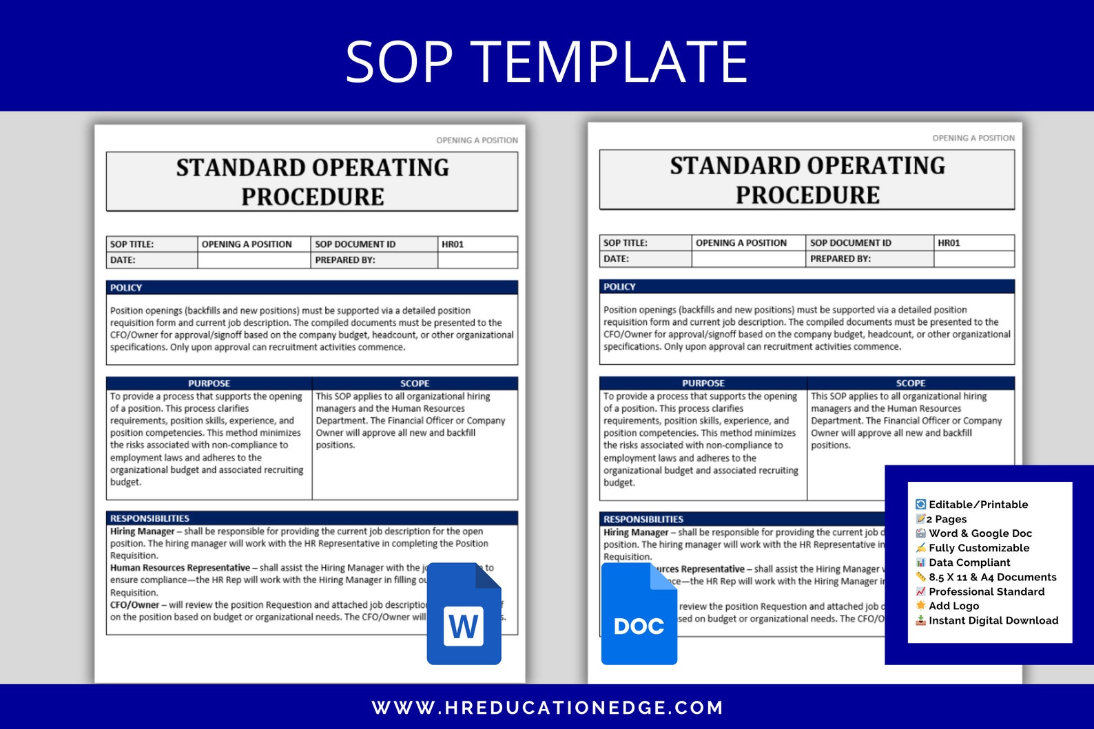 SOP Template Standard Operating Procedure Human Resources HR SOPS ...