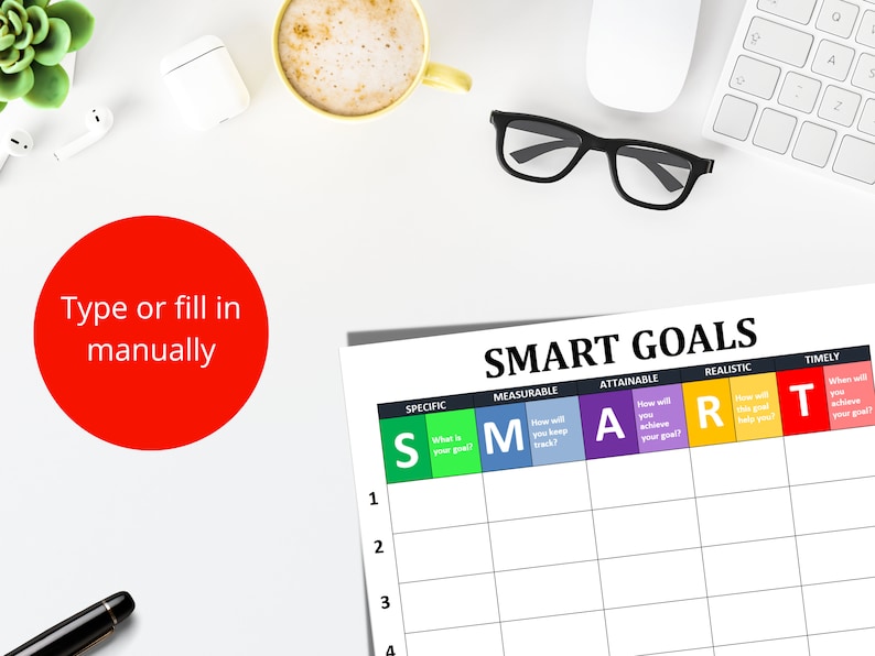 May include: A printable SMART goals worksheet with a table labeled with the acronym SMART, which stands for Specific, Measurable, Attainable, Realistic, and Timely. The table has five columns, one for each letter of the acronym, and four rows for goal entries. Each column is color-coded with a different color.