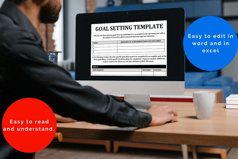 May include: A person is working on a computer with a goal setting template on the screen. The template is easy to read and understand and can be edited in Microsoft Word or Excel.