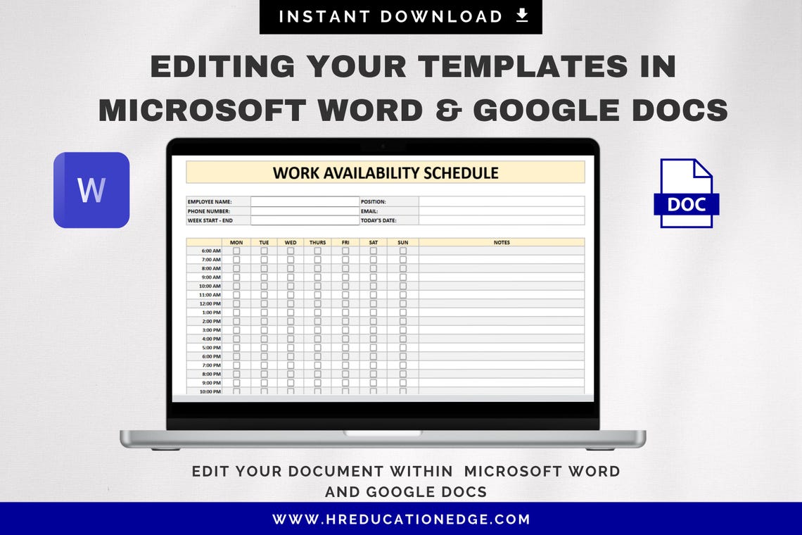 Employee Availability Form: Weekly Hourly Schedule (digital Download ...