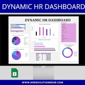 May include: A computer screen displaying a dynamic HR dashboard with various charts and graphs. The dashboard includes data on workforce age distribution, length of service, educational background, and recruitment metrics. The screen also displays the website address "www.hreducationedge.com".