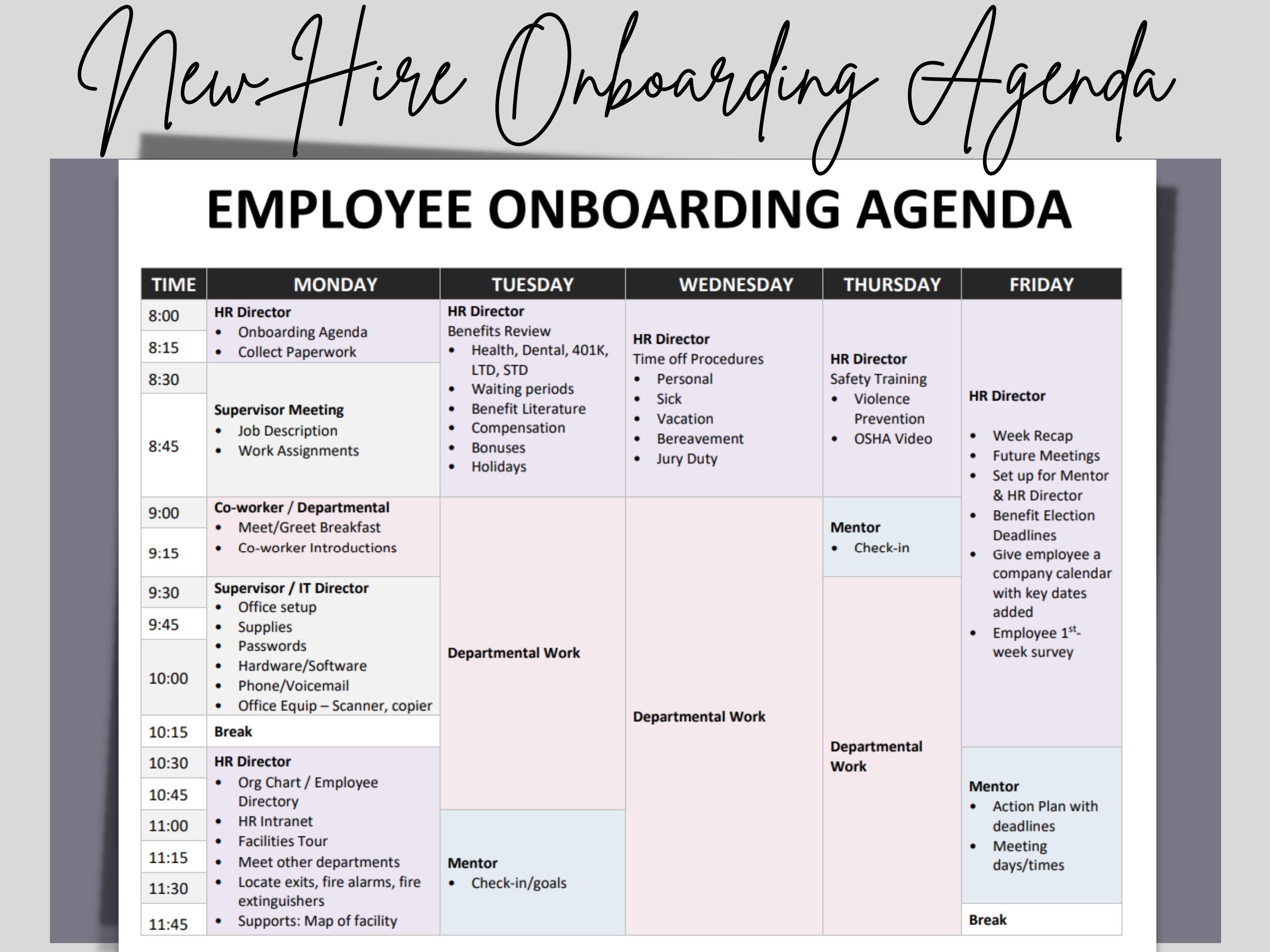 New Hire Onboarding Schedule / Agenda Template Editable Word Etsy